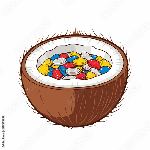 A halved coconut shell filled with various colorful pills, representing health.