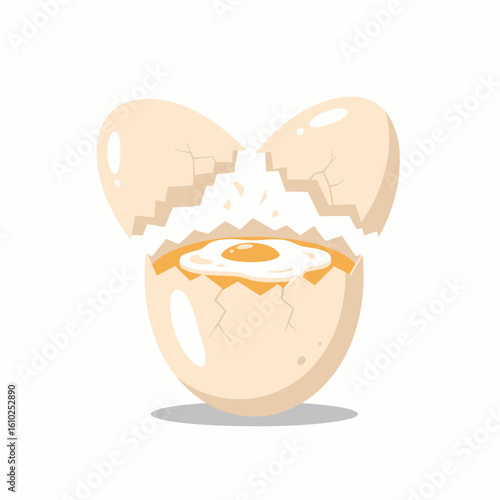 Illustration of a cracked eggshell with a fried egg inside, showing the yolk and white, against a plain background.