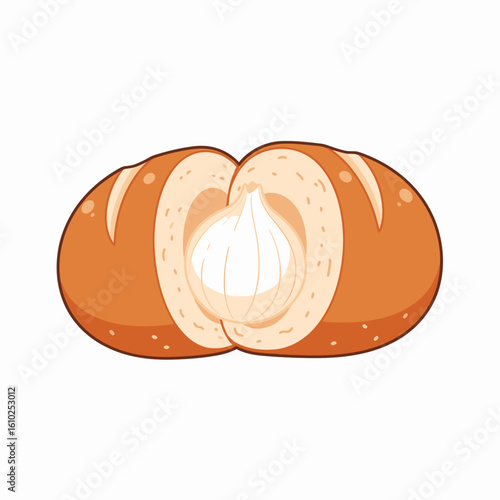 A cartoon illustration of a brown, elongated bread roll split open to reveal a white garlic bulb inside.