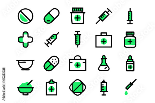 Comprehensive collection of clean and modern pharmacy related line art icons featuring adjustable stroke weight for versatile application