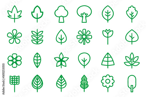 Collection of botanical line art icons featuring various plant species for graphic design and digital projects