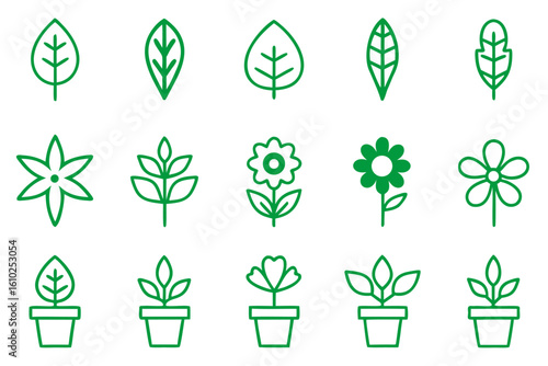 A comprehensive collection of botanical line art illustrations featuring various plant species rendered with clean outlines and a vibrant color palette suitable for diverse design applications