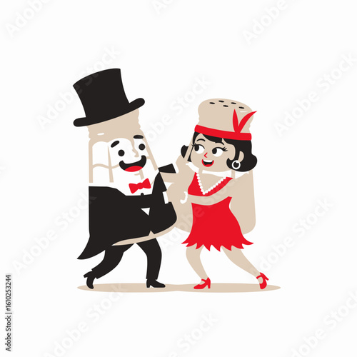 A cartoon salt and pepper shaker couple dressed in vintage 1920s attire dancing together.