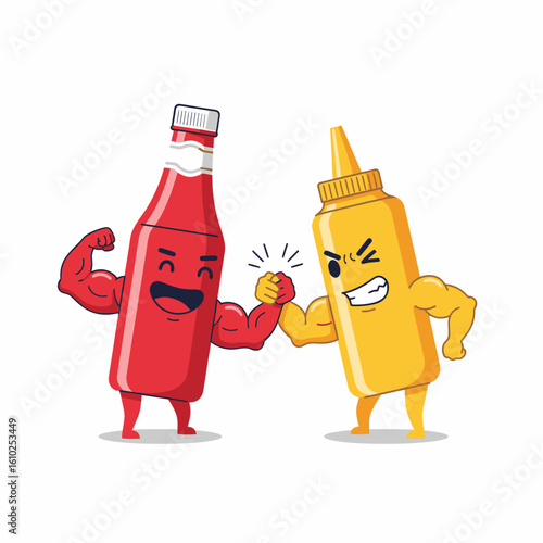Cartoon ketchup and mustard bottle characters with muscular arms competing in an arm wrestling match.