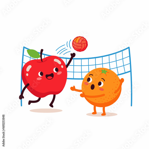 A cute red apple character spikes a volleyball over the net to a surprised orange character.