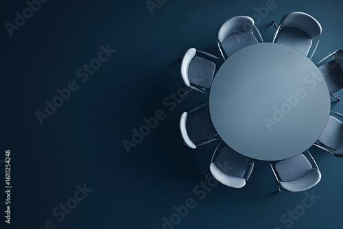 Minimalist round conference table top view, empty modern chairs arrangement, business teamwork concept, executive boardroom furniture layout, corporate meeting preparation, abstract overhead interior 