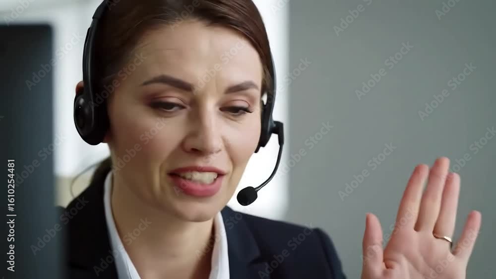 Smiling brunette woman wearing a headset and a business suit. She is pointing her finger and looking downward Smiling brunette woman wearing a headset and a business suit. She is pointing her finger and looking downward