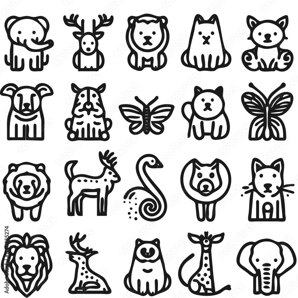 Obraz premium Minimal Animal Icon Set – Cute Wildlife and Pet Line Drawings in Vector Style