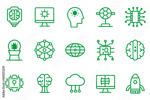 Modern quantum computing themed line art symbol collection featuring advanced technology concepts and future science innovations