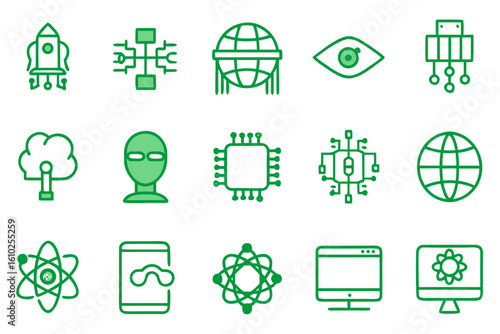 Modern quantum computing line art icons representing advanced technology and scientific concepts in a clean design
