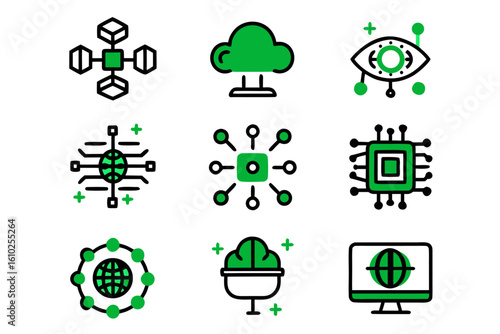 Modern quantum computing technology line art icons representing advanced scientific concepts and futuristic digital systems