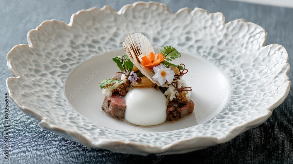 Japanese kaiseki-inspired dish in delicate balance, served on white plate Japanese kaiseki-inspired dish in delicate balance, served on white plate