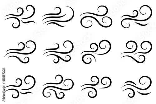 A dynamic icon of thin swirling lines denoting fast air flow. Stylized curved lines showing the graceful motion of air currents. Elegant curls forming a symbolic representation of moving wind.