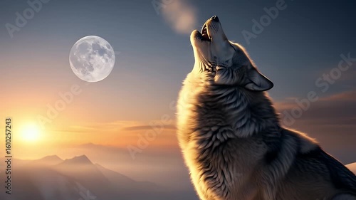 Majestic wolf howling at sunrise over snowy mountain peaks