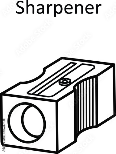 A minimalist line drawing showcases a pencil sharpener, ideal for educational materials and graphic design projects, highlighting its simple form and function for creative applications.