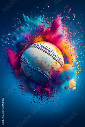 A vibrant explosion of color surrounding a baseball, showcasing dynamic motion and energy