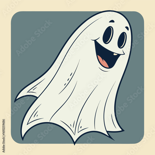 Cartoon ghost with a happy expression, outlined in simple lines, set against a muted background.
