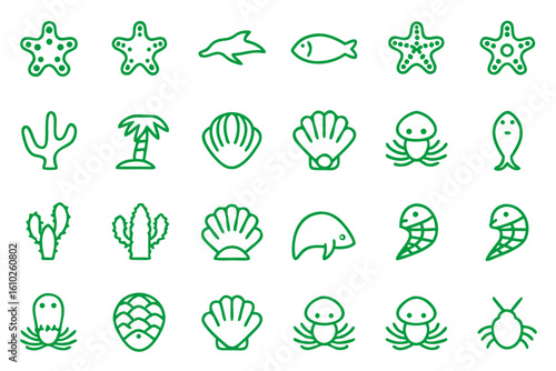 Marine life aquatic creatures collection featuring diverse ocean animals in a stylized iconographic representation
