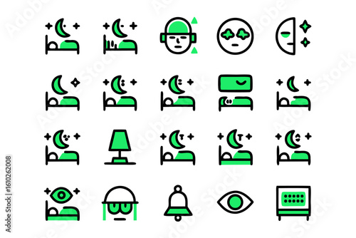 Clean line art icons representing sleep and restful activities presented in a cohesive set for digital use