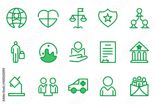 Comprehensive collection of clean modern line art symbols representing various social policy concepts and governmental affairs for digital and print applications