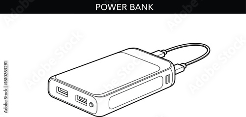 Isolated power bank illustration showcases a portable charger with USB ports and a connected cable, ideal for technology, travel, and mobile device themes in a clean, minimalist style.