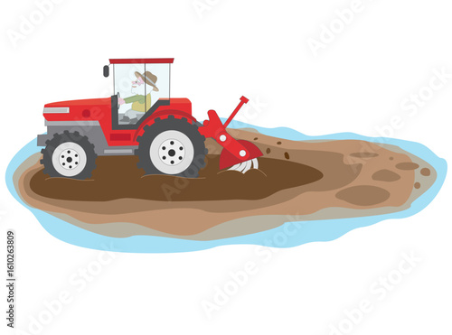 高齢者の農夫が水田を耕しているイラスト。