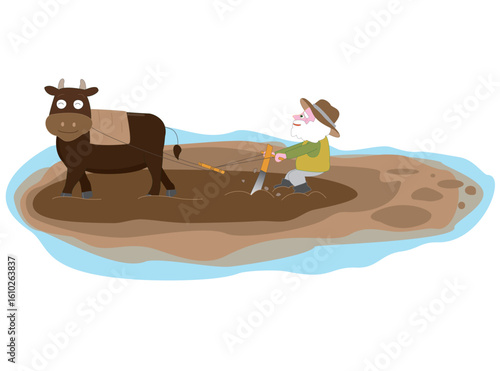 高齢者の農夫が水田を耕しているイラスト。