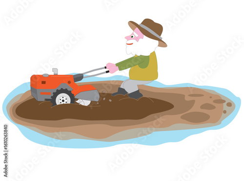 高齢者の農夫が水田を耕しているイラスト。