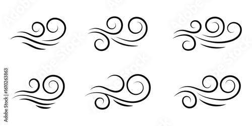 Wind icon set, wind blow line icon. Blowing wind outline icons. Windy weather symbol. Doodle line wind moving set. Breath of the typhoon.