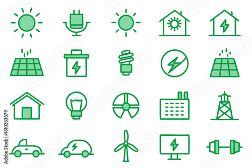 Clean and modern line art collection featuring renewable energy sources and sustainable technology concepts for digital applications
