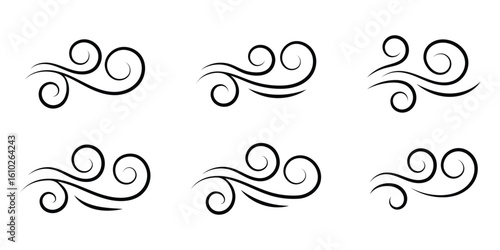 Wind icon set, wind blow line icon. Blowing wind outline icons. Windy weather symbol. Doodle line wind moving set. Breath of the typhoon.