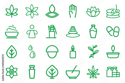 Collection of clean modern line art symbols representing spa wellness and relaxation activities with adjustable stroke thickness for versatile design applications