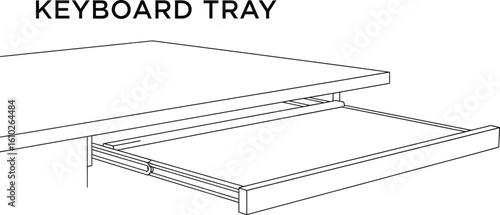 A minimalist line drawing showcases a keyboard tray extending from a desk, ideal for illustrating ergonomic office setups, furniture design, or instructional diagrams with its clean, simple style.