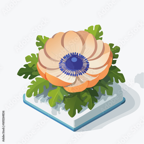 Isometric floral illustration featuring a peach anemone bloom with lush green foliage