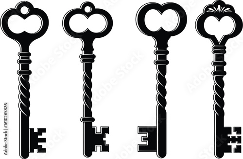 Vector art of a set of four antique skeleton key silhouettes, perfect for vintagethemed designs