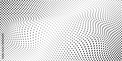 Abstract Wavy Halftone Dot Pattern Background – Black and White Optical Illusion Style Dotted Texture – Monochrome Curved Dots Vector Design for Modern Posters, Minimalist Art, Brochures, Technology B