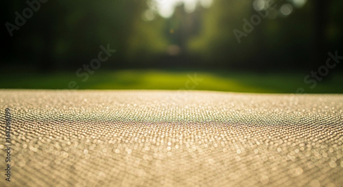 A close-up of a textured surface bathed in sunlight, with a soft, blurred background of greenery and trees.