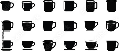 Vector art of a diverse collection of mug and cup silhouettes, perfect for representing coffee, tea, and various beverages