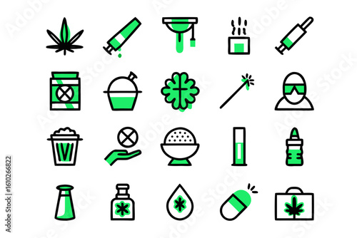 Collection of clean line art icons representing concepts of overcoming harmful habits and promoting well being