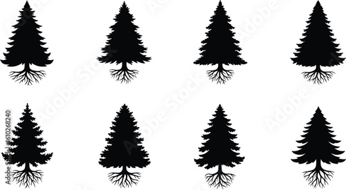 Vector art of a collection of pine tree silhouettes, showcasing evergreen conifers with roots