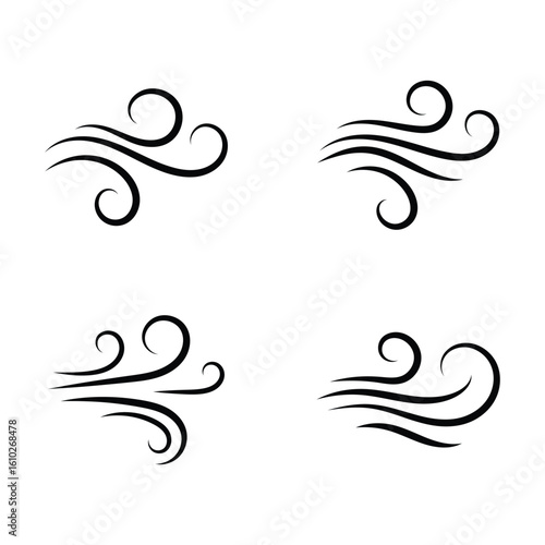 Wind gust icon in doodle hand drawn style. Sketch drawn air blow motion, smoke flow art, abstract line. Wind icon collection. Blowing wind signs in black color.