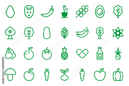 Comprehensive collection of health and wellness supplement symbols for digital and print applications rendered in a clean outline style