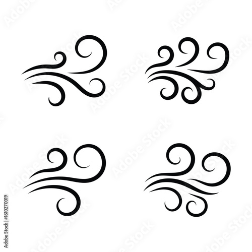 Wind gust icon in doodle hand drawn style. Sketch drawn air blow motion, smoke flow art, abstract line. Wind icon collection. Blowing wind signs in black color.