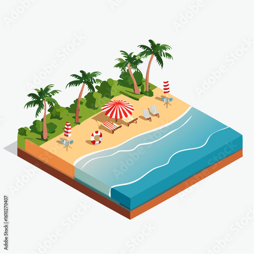 Isometric Tropical Beach Paradise with Palm Trees and Ocean View Miniature Landscape
