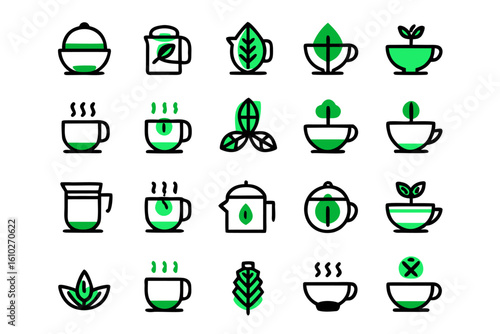Collection of minimalist line art icons representing various tea related items and beverages