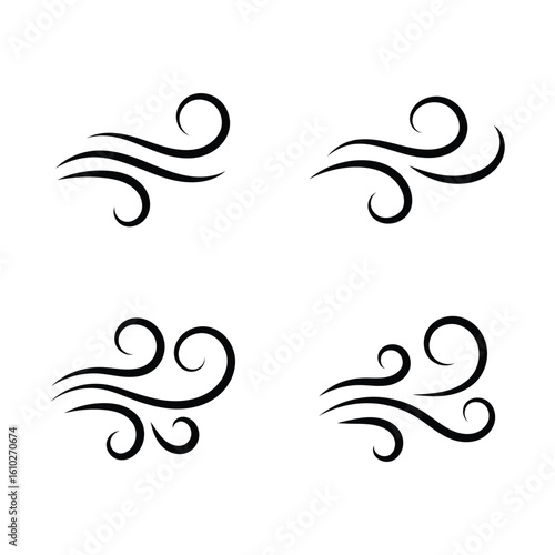 Wind gust icon in doodle hand drawn style. Sketch drawn air blow motion, smoke flow art, abstract line. Wind icon collection. Blowing wind signs in black color.