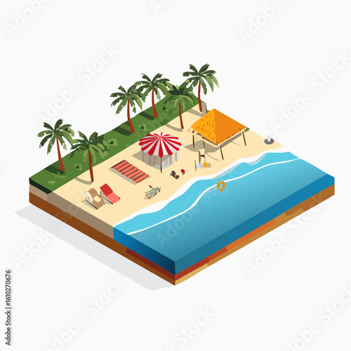 Isometric Beach Paradise: A Tropical Island Escape with Palm Trees and Sandy Shores