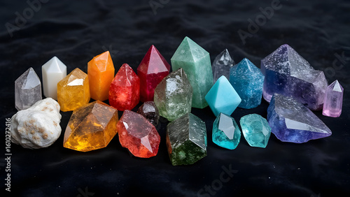 Assorted colorful crystals on a dark textured surface