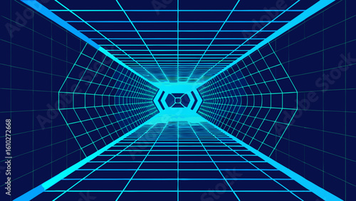 symmetrical blue light tunnel infinite grid