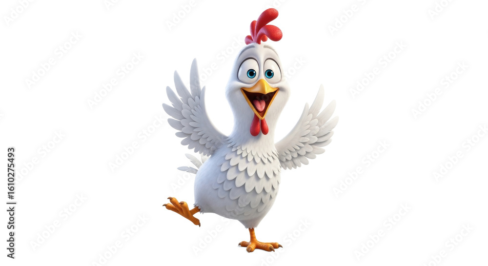 Fototapeta premium Cartoon chicken with white feathers, red comb and wattle, blue eyes, and open beak, appearing happy and spreading its wings.